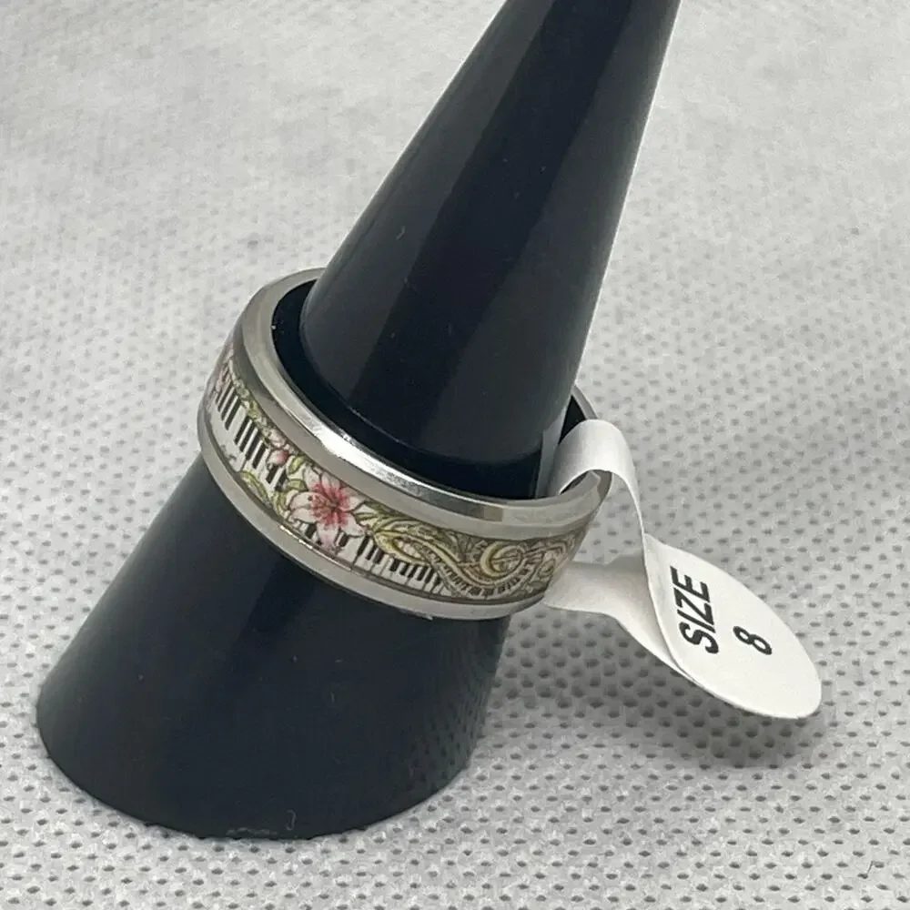 Music Lover Floral Keyboard Piano Treble Clef Stainless Steel Band Ring Sz 8.25